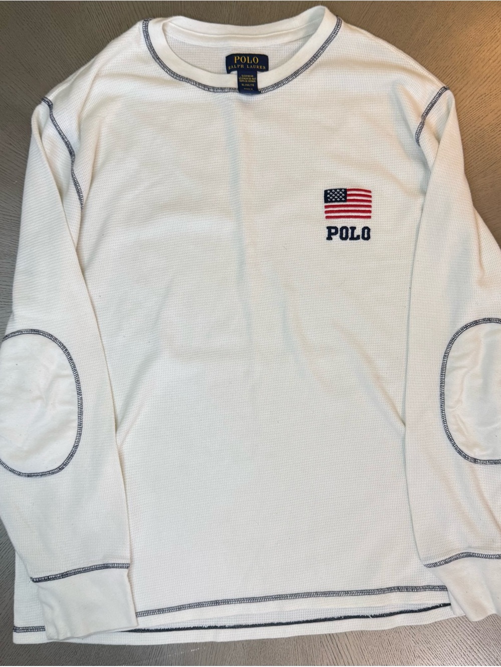 Polo Ralph Lauren Waffle Thermal Flag Shirt Mens XL Cream Elbow Patch Sleepwear